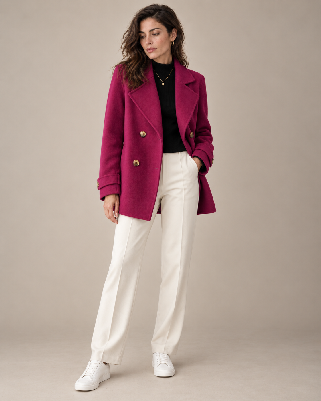 Tiara double-breasted coat in red, full-length view